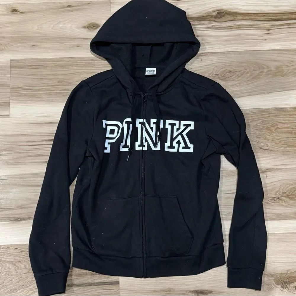Victoria’s Secret PINK Black Zip Up Hoodie Sweatshirt Women’s Small